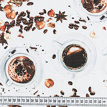 Декоративна тканина з кавовим принтом панама КАВА/COFFEE фон білий, коричневий, Тканини для штор на метраж