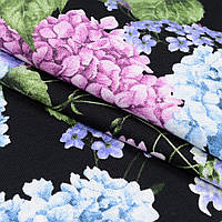 Ткань для штор с цветами гортензии фон черный, голубой, сиреневый. Хлопковая ткань для штор