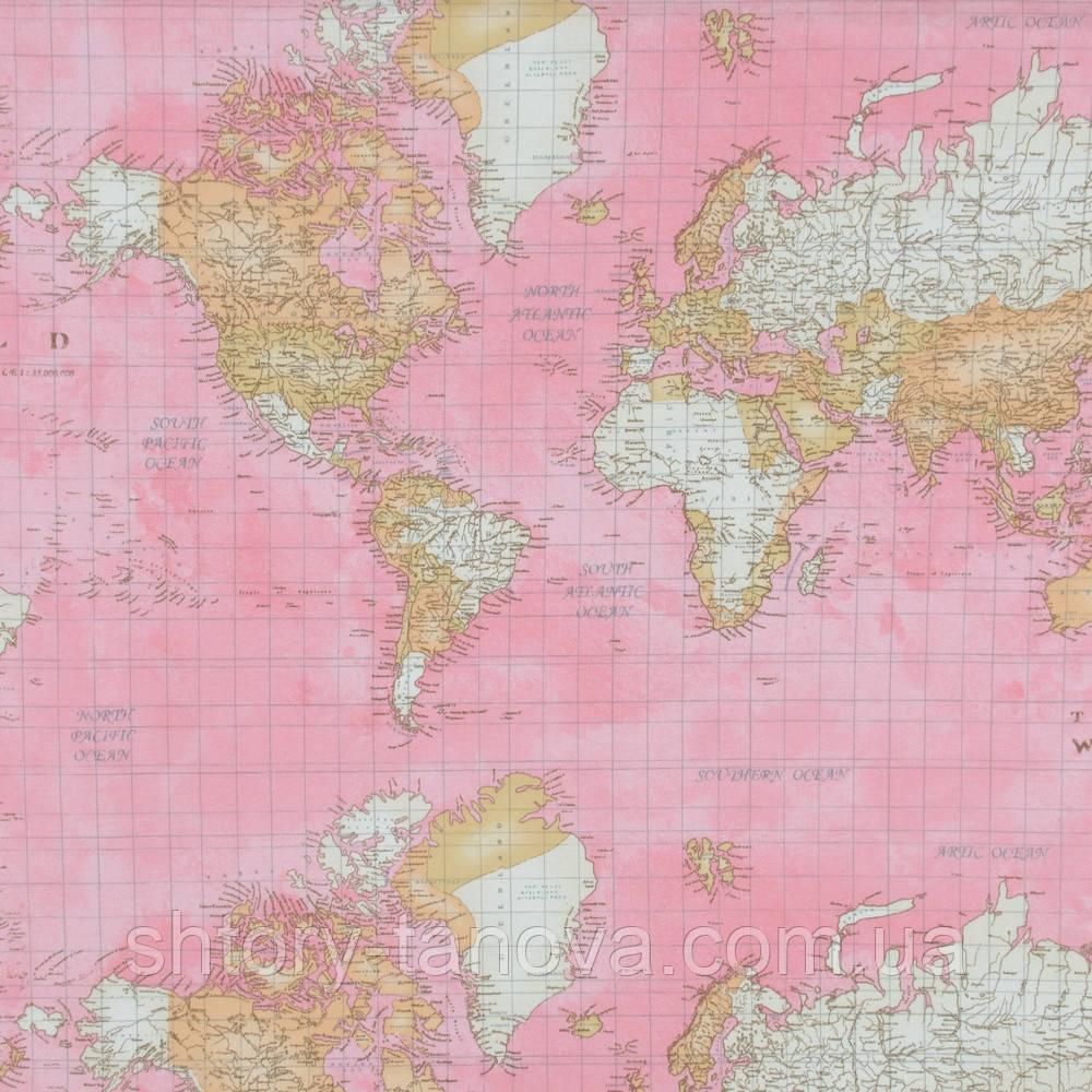 Декоративна тканина Лонета принт Карта світу рожевий