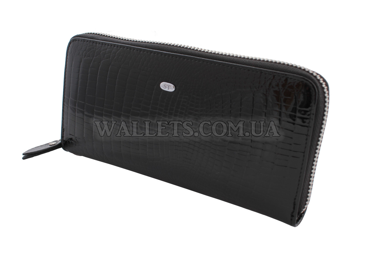 Жіночий шкіряний гаманець ST Leather Accessories на блискавці, чорний, лак.
