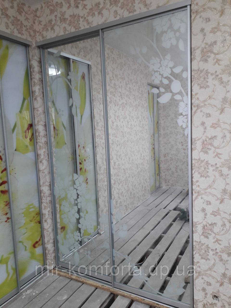 Дзеркальна развижная двері з піскоструменем