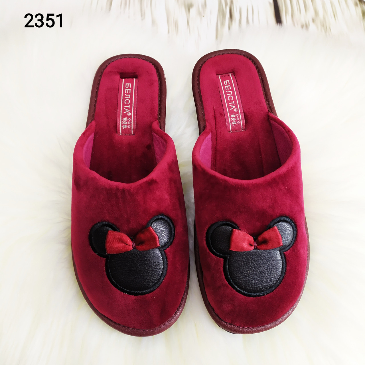 Жіночі кімнатні капці Белста із закритим носком, велюрові бордові, фото 1