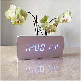 Годинник електронний настільний в дерев'яному корпусі VST-862 білий (синя підсвітка)