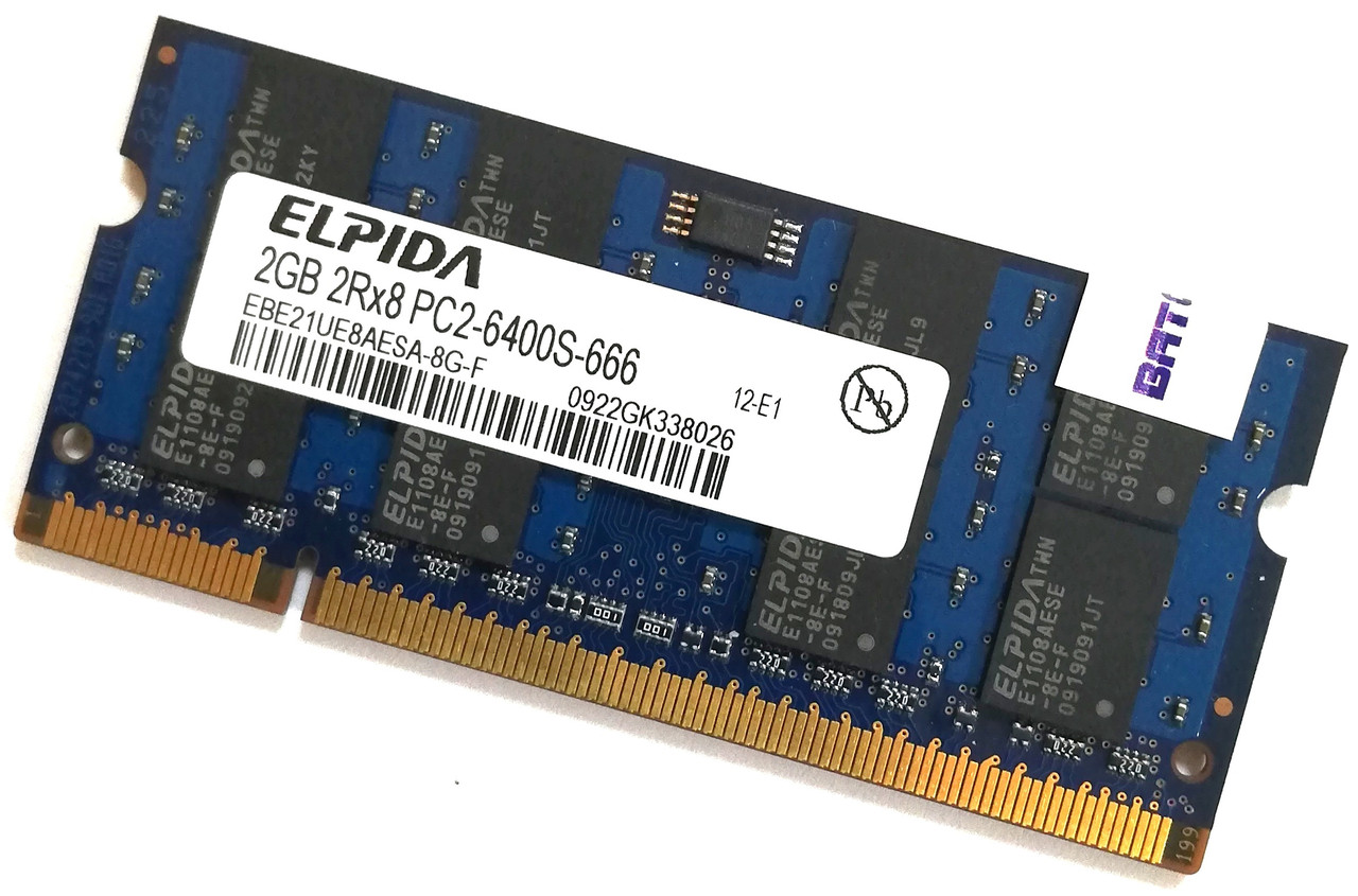 Оперативна пам'ять для ноутбука Elpida SODIMM DDR2 2Gb 800MHz PC2-6400S 2R8 CL6 (EBE21UE8AESA-8G-F) Б/В