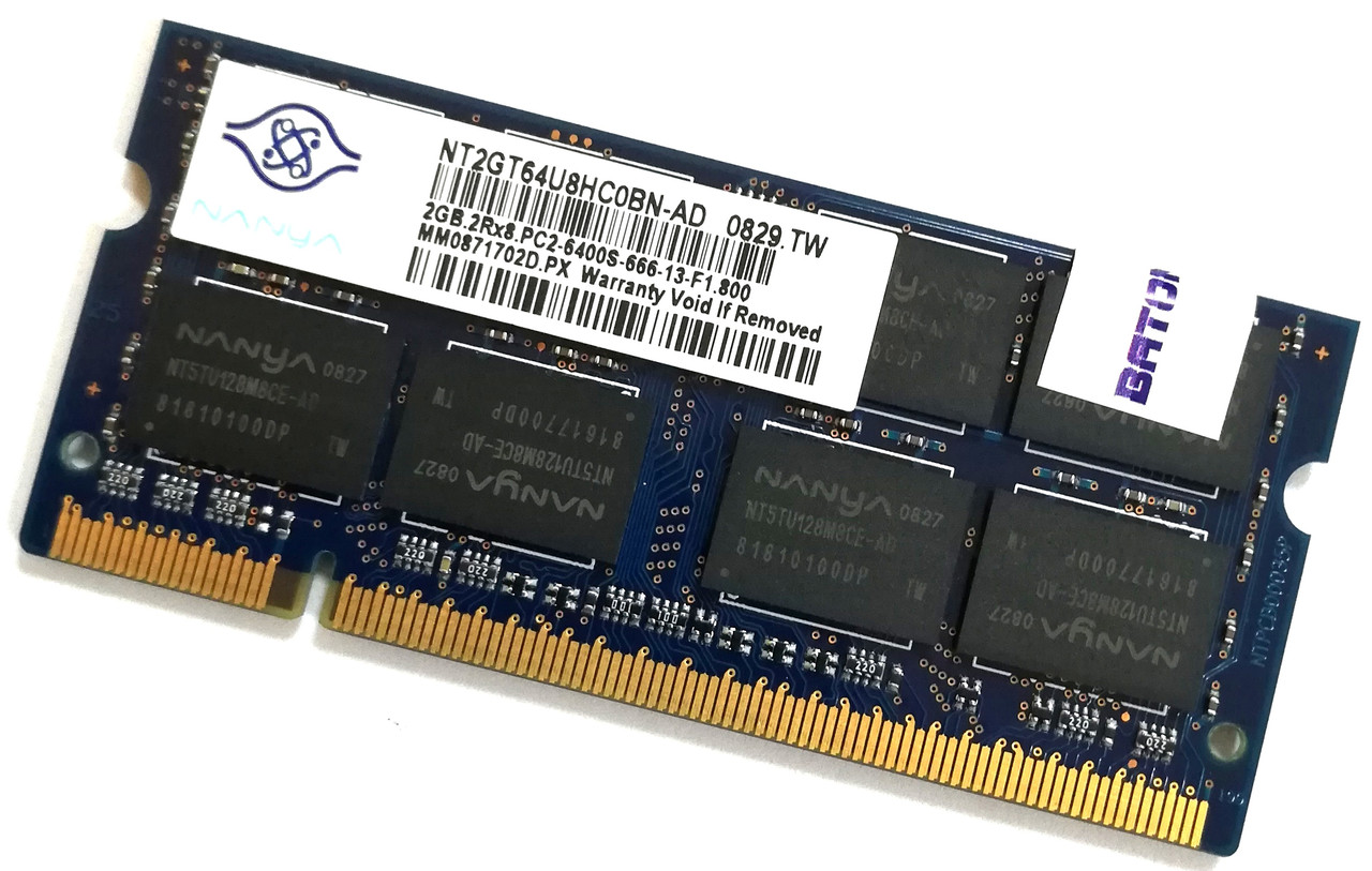 Оперативна пам'ять для ноутбука Nanya SODIMM DDR2 2Gb 800MHz 6400S 2R8 CL6 (NT2GT64U8HC0BN-AD) Б/У