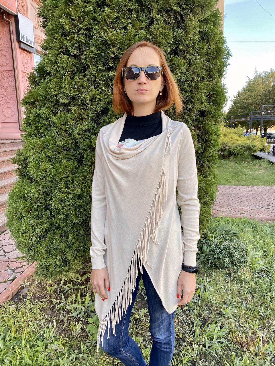 Кардиган жіночий із бахромою трикотажний кремовий, фото 1