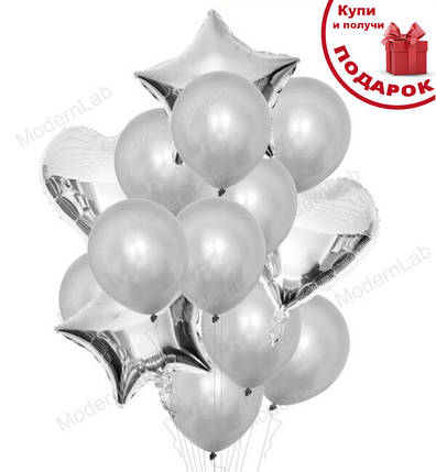 Повітряні кульки "Mix" набір 14 шт., срібло (металік), фото 1