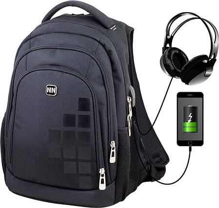 Рюкзак шкільний підлітковий з USB ортопедичний для хлопчика чорний Winner One 419, фото 2