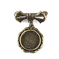 Основа для Брошки, Шпилька з рамкою, Під вставку 14 mm діаметр, Антична бронза, Цинковий сплав, 35 мм х 25 мм