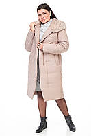 Женское зимнее пальто на синтепухе ниже колена с мехом и капюшоном цвет мокко 60,62 большие размеры