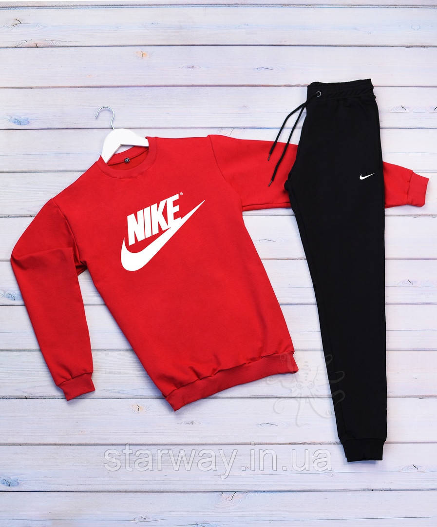 Спортивний костюм Nike біле лого | червоний світшот чорні штани