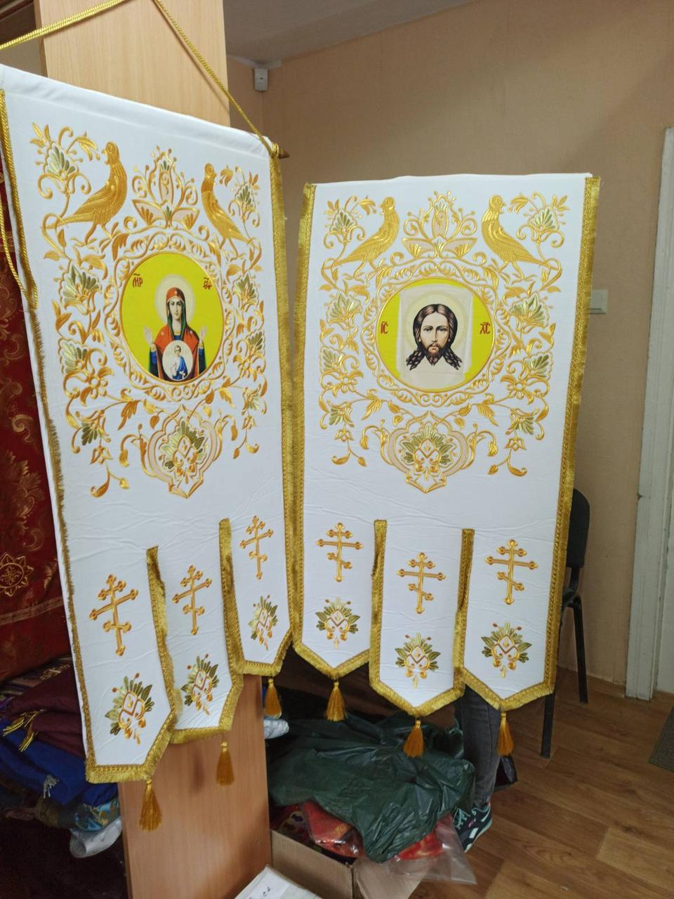 Хоругви великі вишивка на оксамиті термодрук ікони 120х60см, фото 1