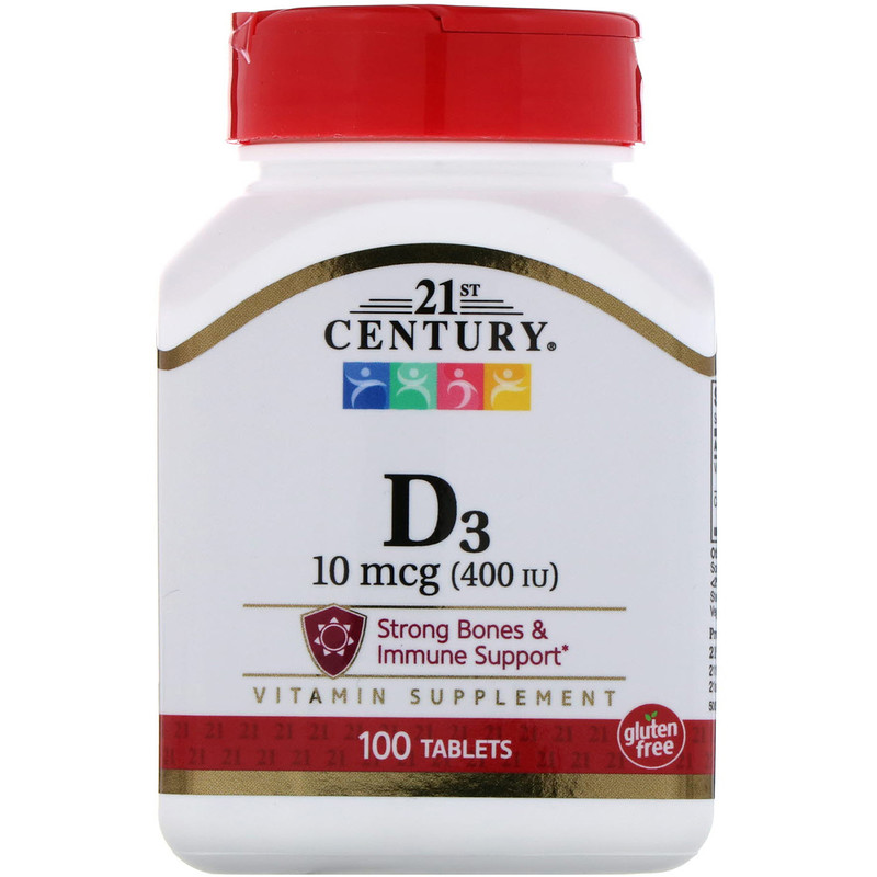 Vitamin D3 10 мкг 400 IU 21st Century 100 таблеток, фото 1