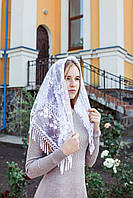 Белый кружевной платок женский на голову красивый церковный Петуния с длинной бахромой