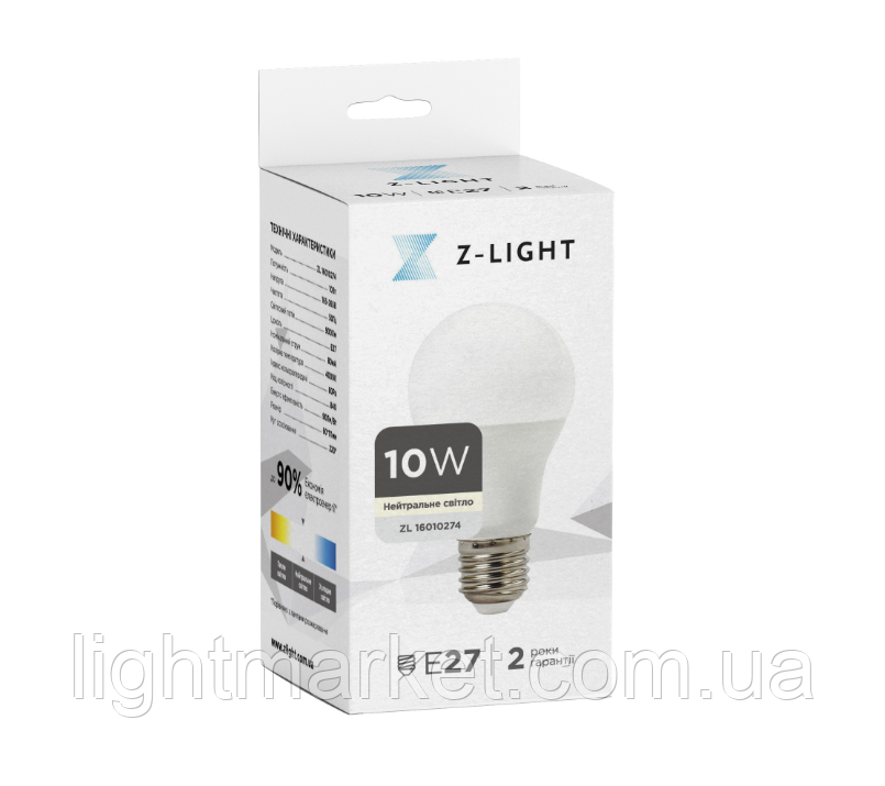 Світлодіодна Лампочка 10Вт цоколь Е27 Z-Light A60 4000K ZL 16010274