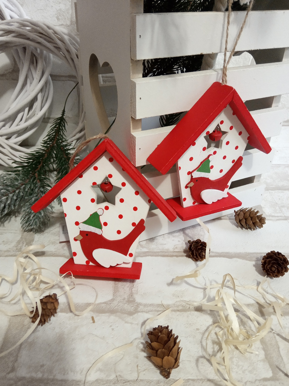 Новорічна дерев'яна підвіска "Будиночок з пташкою", 11.5 cm, фото 1