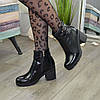 Черевики жіночі на стійкому каблуці, чорний сатин і лакова шкіра, фото 4
