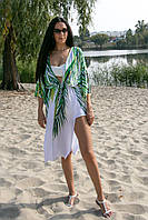 Пляжный халат коттоновый с листьями накидка пляжная длинная белая с растительным узором бохо-кимоно -146-59