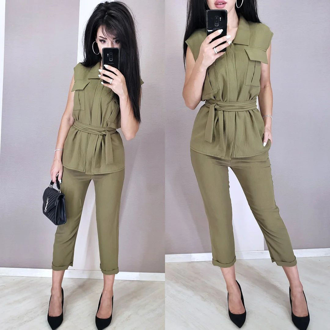 Стильний костюм із поясом кофта без рукавів і штани укорочені, фото 1