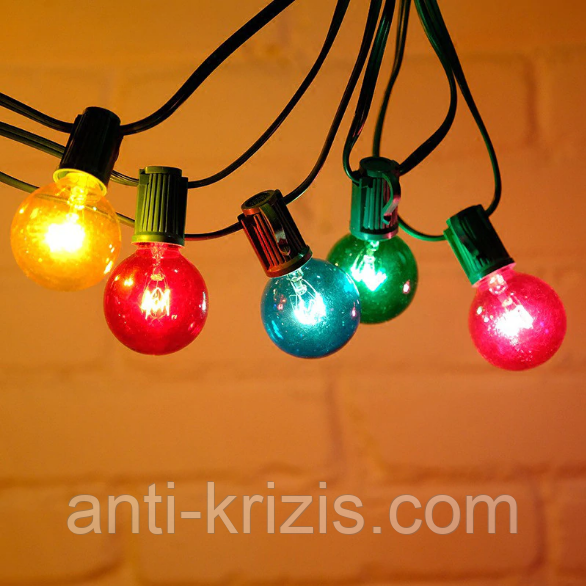 Гірлянда РЕТРО PREMIUM з лампочками G40 від 7,5 м, 25 ламп. чорний шнур, лампи скло + подарунок