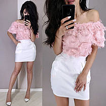 Костюм топ із відкритими плечима війочка та спідниця міні з кишенями, фото 3