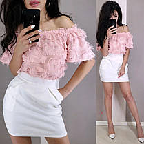 Костюм топ із відкритими плечима війочка та спідниця міні з кишенями, фото 5