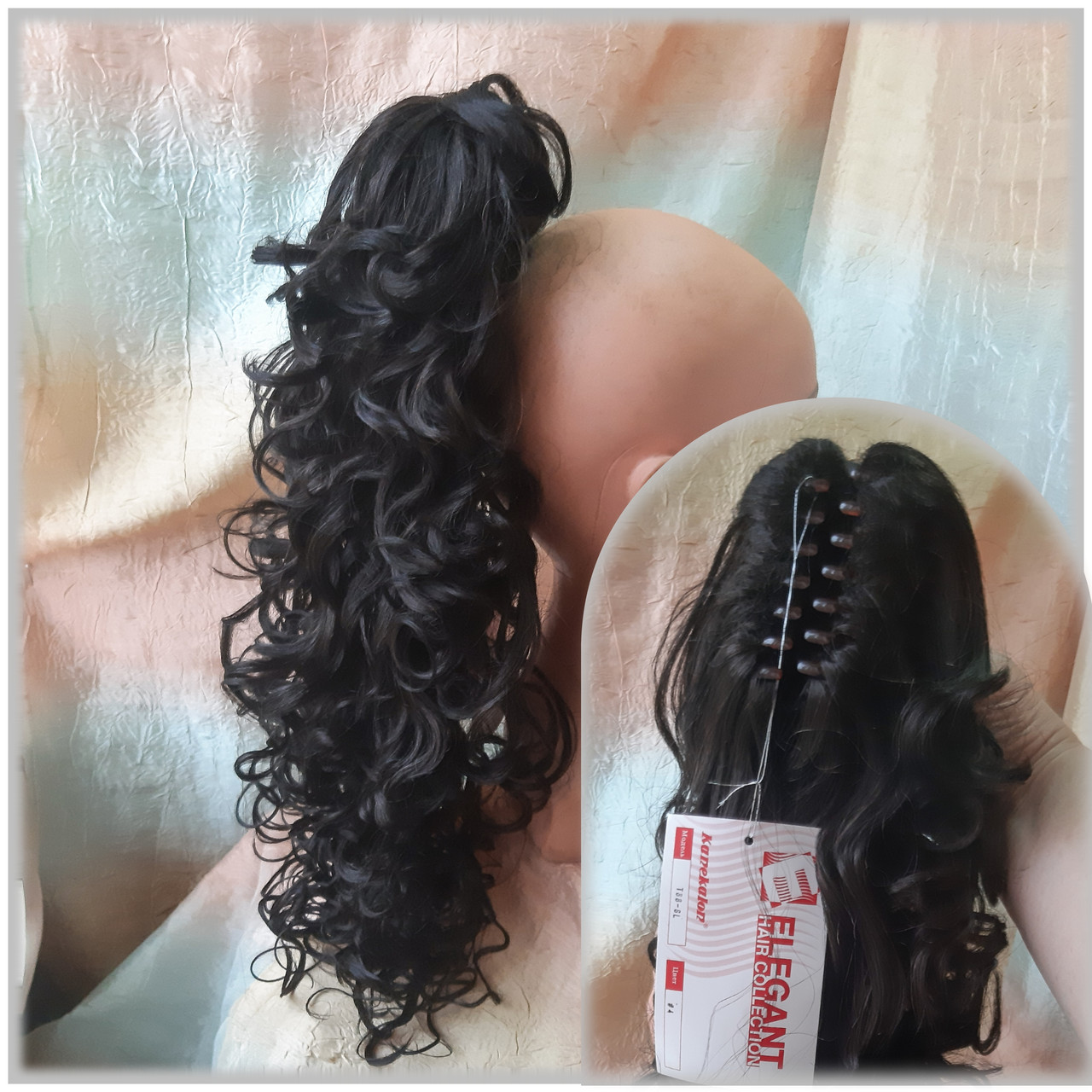 Хвіст шиньон кучерявий на крабі темно-шоколадний Т88-4, фото 1