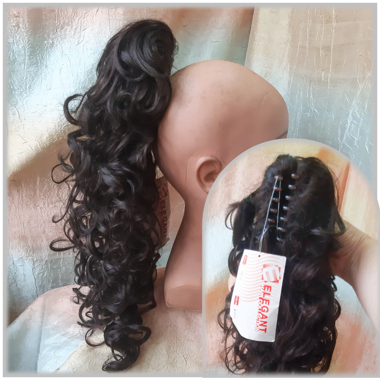 Хвіст шиньйон довгий кучерявий на крабі шоколадно-каштановий Т88+20-2/33, фото 1