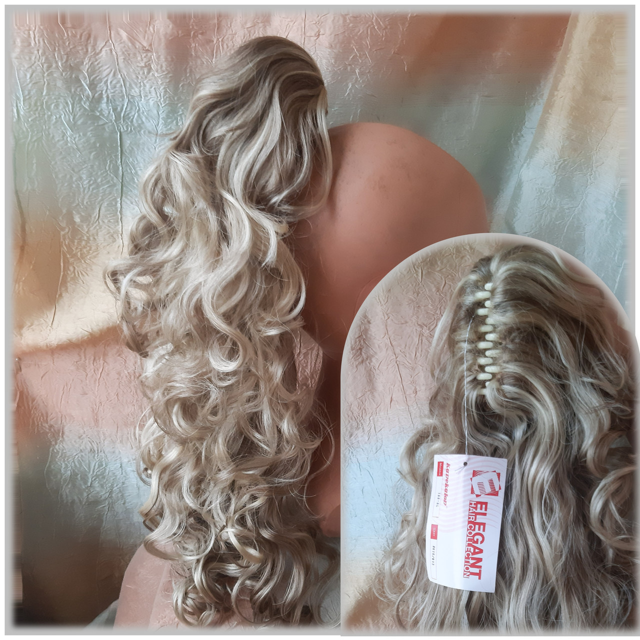 Хвост шиньон кудрявый на крабе пепельно-русый блонд T88-Н16/613, фото 1