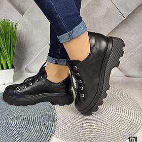Жіночі чорні шкіряні туфлі демісезонні на шнурках без підборів. Натуральна шкіра.Осінь весна Розміри 36 — 41