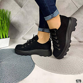 Жіночі чорні замшеві шкіряні туфлі на шнурках. Натуральний замш. Осінь весна. Розміри 36 — 41