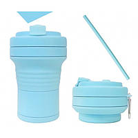 Складная кружка 550 мл, eco cup с карабином и трубочкой, голубая
