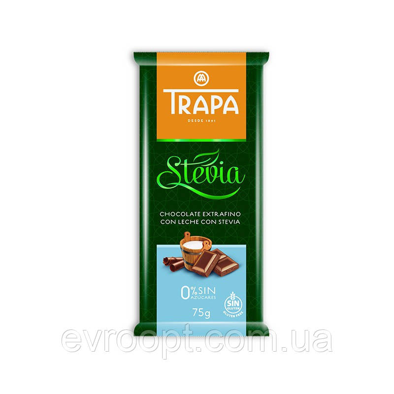 Шоколад TRAPA STEVIA молочний 75г 20шт / ящ