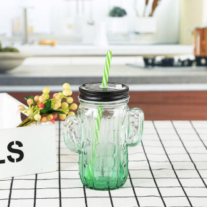 Кружка банка Кактус Mason Jar, 350 мл, зелена, 2 кришки, фото 1