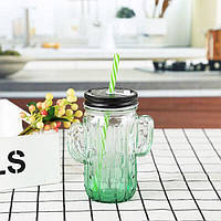 Кружка банка Кактус Mason Jar, 350 мл, зелена, 2 кришки