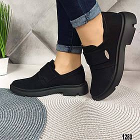 Жіночі чорні замшеві шкіряні туфлі туфлі на липучці. Натуральний замш. Осінь весна. Розміри 36