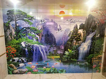 Керамическое фотопанно на стене ванной комнаты. Монтаж фотоплитки в городе Запорожье. 1