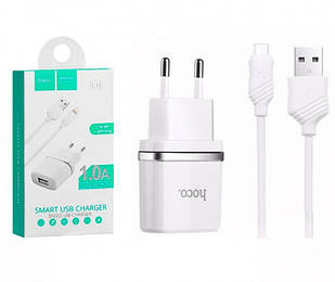 Мережевий зарядний пристрій Hoco C11 (1,0 A 1USB) з кабелем Micro USB-USB White