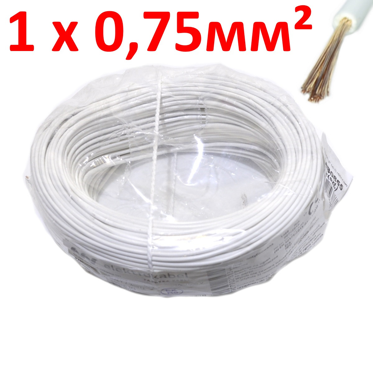Провід мідний LgY, 1*0,75мм² H05V-K, Elektrokabel, білий KAB0855 / бухта 100м, фото 1