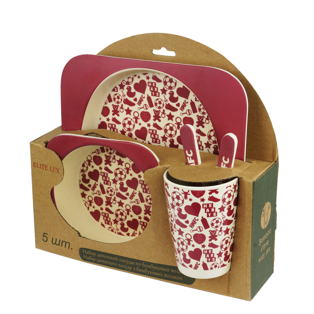 Набір дитячого бамбукового посуду на 5 предметів, Серця, фото 1