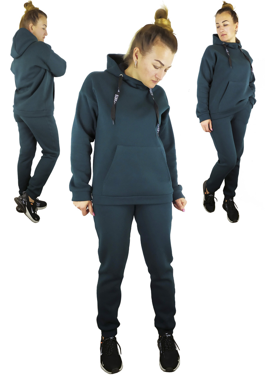 Темно зелений спортивний жіночий костюм на зиму з капюшоном XL, XXL, 3XL