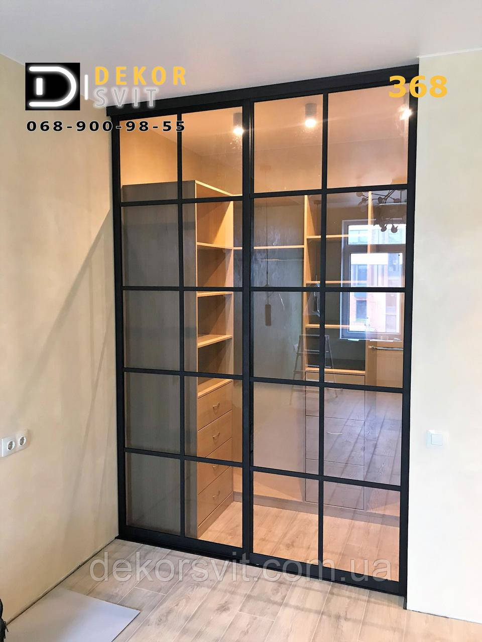 Міжкімнатні розсувні двері з прозорим склом, дверцята лофт, фото 1