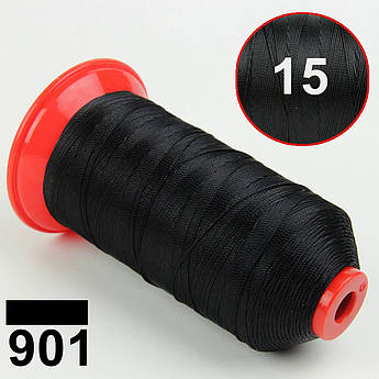 Нитка POLYART(ПОЛИАРТ) N15 колір 901 чорний, для пошиття чохлів на автомобільні сидіння і кермо, 1000м