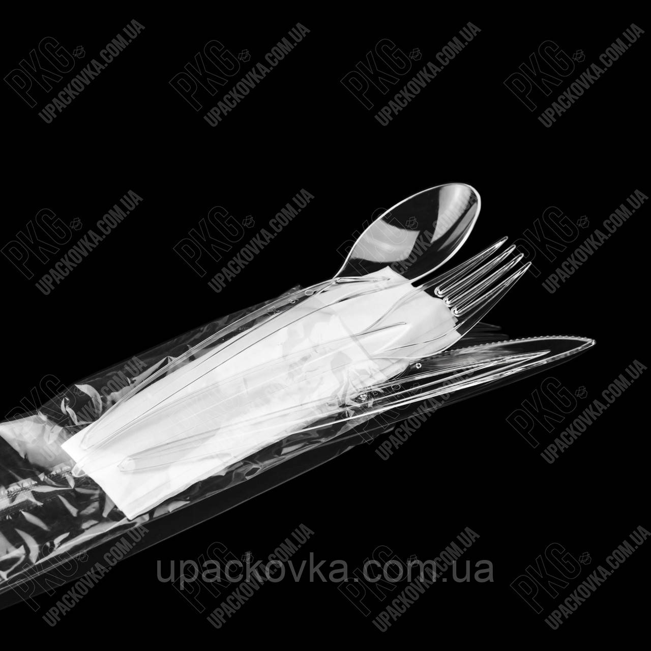 Набір одноразового посуду (Ложка, виделка, ніж, серветка) ПРОЗОРИЙ 250 шт/ящ. PL