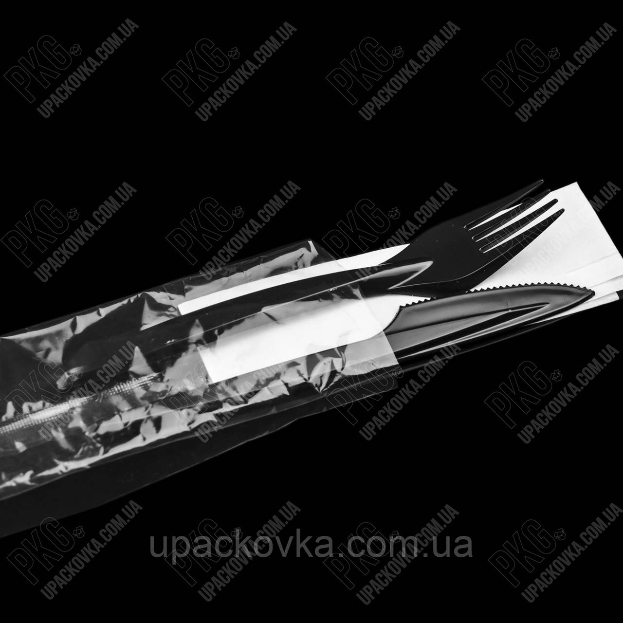 Набір одноразового посуду (Виделка, ніж, серветка) ЧОРНИЙ 250 шт/ящ. PL