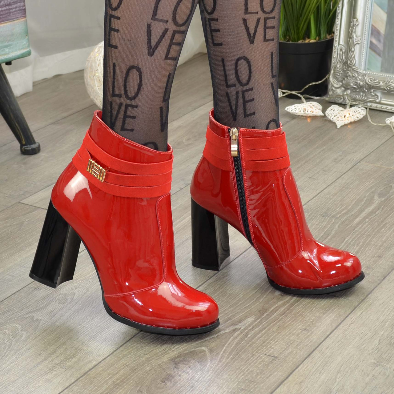 Черевики жіночі лакові на стійкому каблуці, червоний колір, фото 1