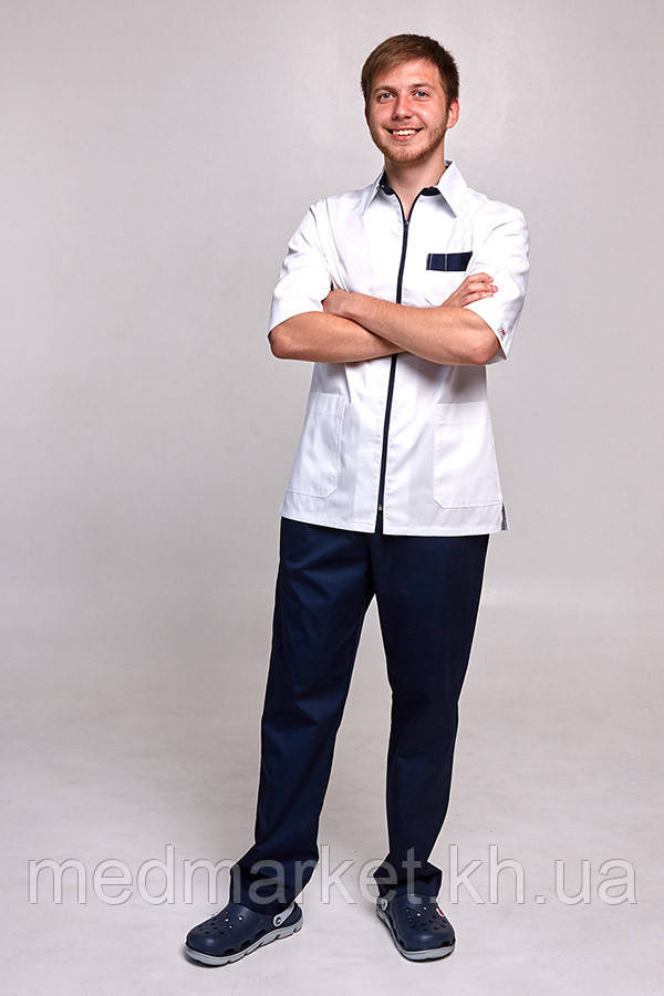 Костюм медичний Ітан, блискавка.ELIT COTTON. Білий / темн-синій