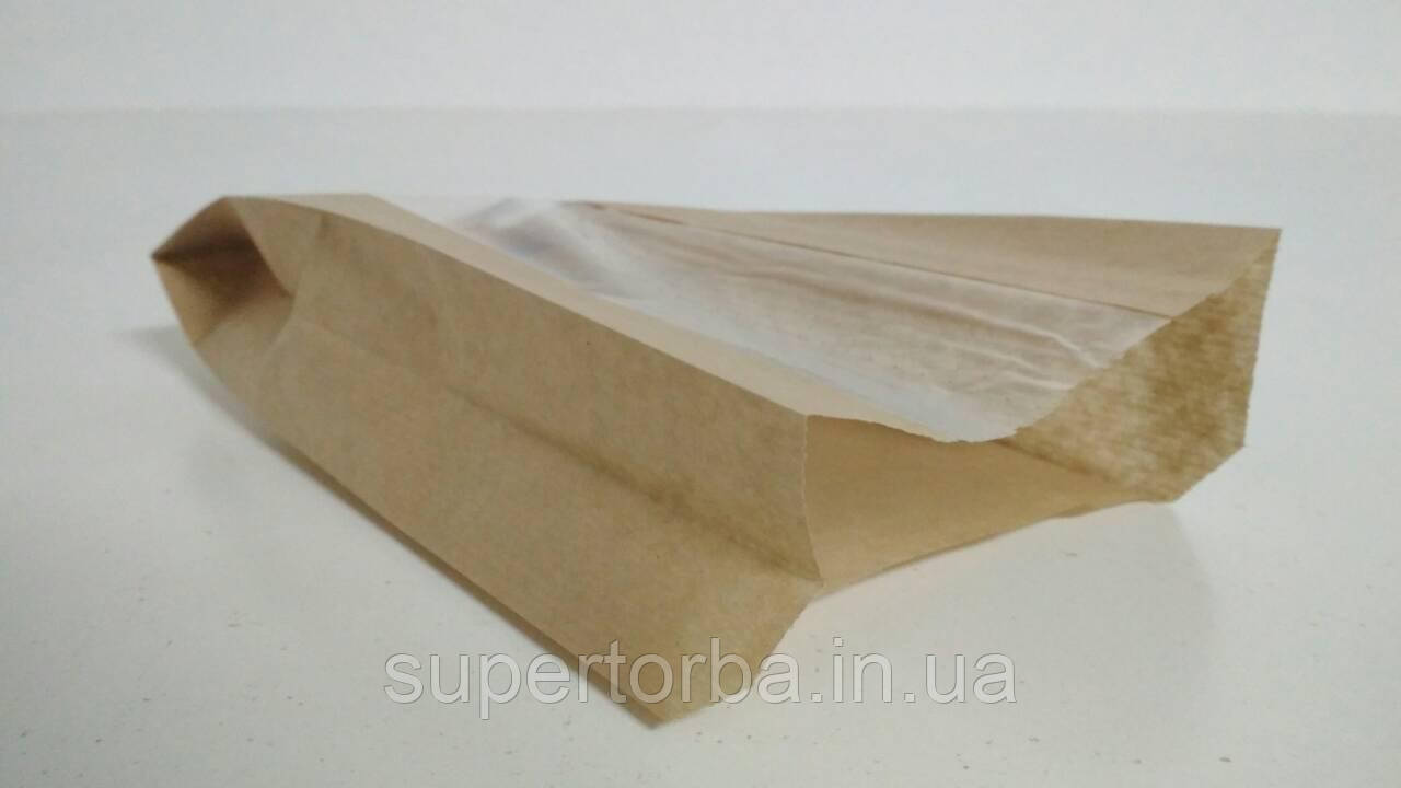 Пакет паперовий із ПП вікном 14/6*25,5 коричневий 100 штук, фото 1