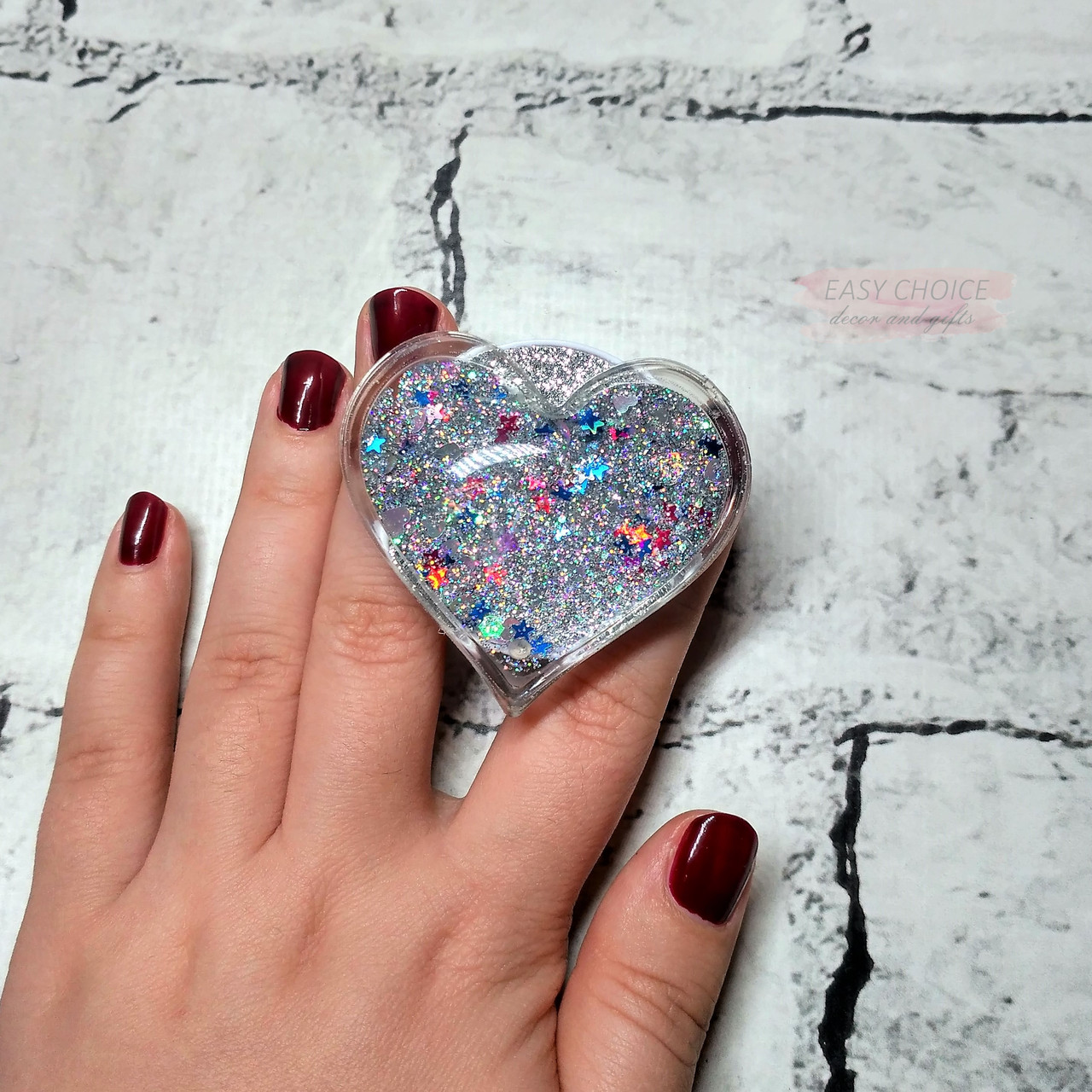 Попсокет тримач для телефона Рідкі Блискітки glitter, Серце, сріблястий