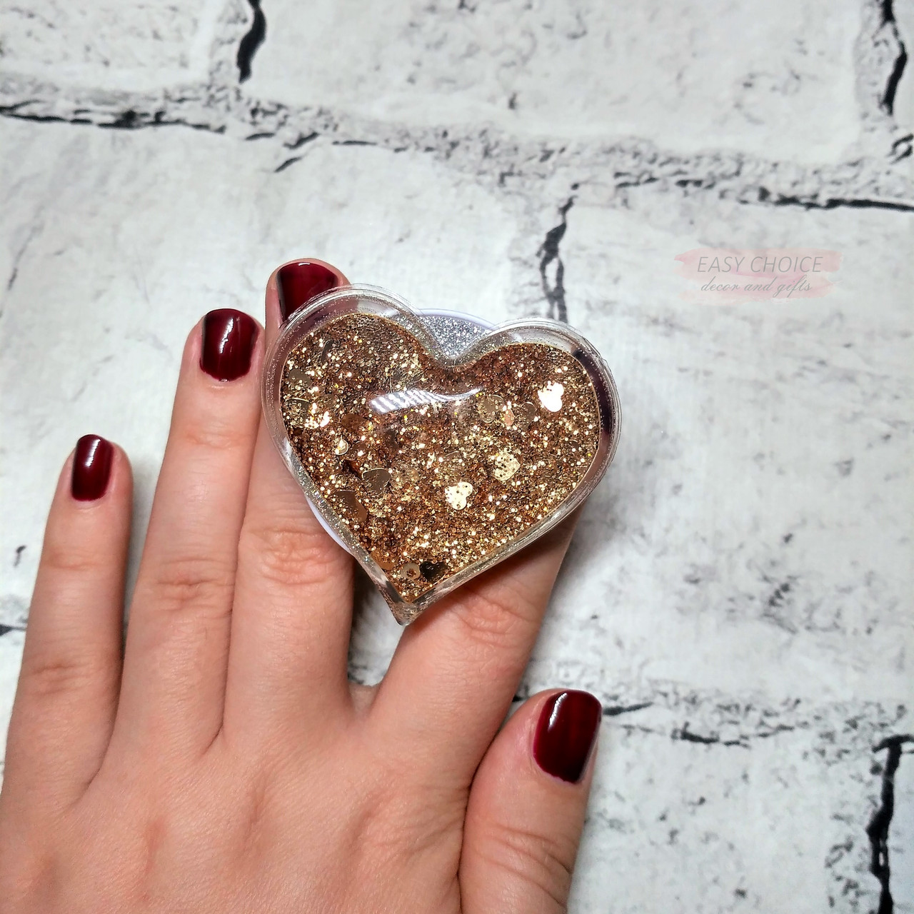 Попсокет тримач для телефона Рідкі Блискітки glitter, Серце, бронзовий